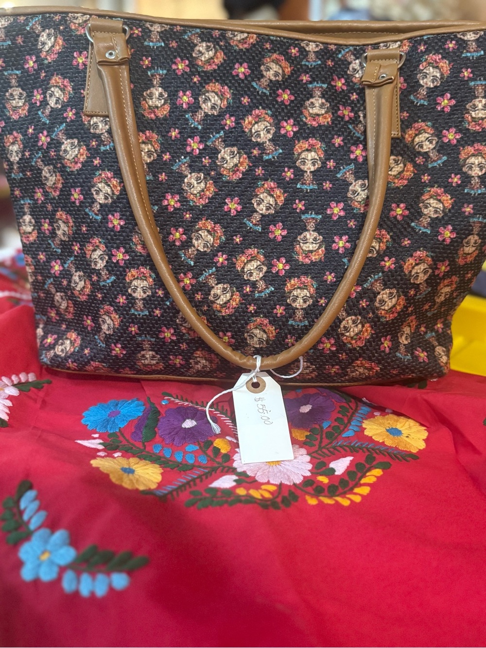 Floral Skull Pattern Brown Tote Bag with Tan Handles